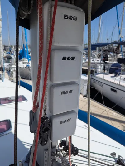 Saga Yacht Photos Pics B&G instruments on a 2012 Beneteau First 40 sailboat mast in a marina.