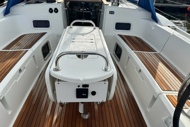  Yacht Photos Pics 2018 Jeanneau Sun Odyssey 479 cockpit with teak flooring and seating.