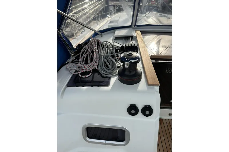  Yacht Photos Pics Cockpit view of 2018 Jeanneau Sun Odyssey 479 sailboat with ropes and winch.