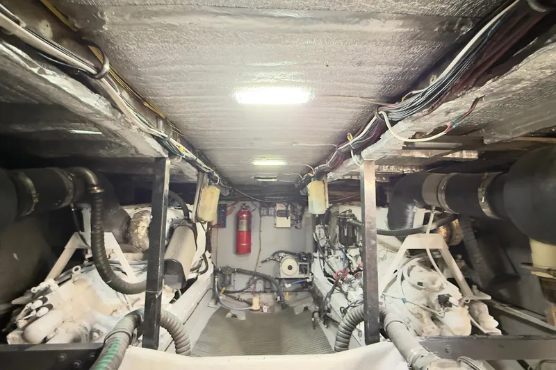 Rubicon Yacht Photos Pics Engine room of 2008 Meridian 580 Pilothouse yacht, featuring mechanical components and wiring.