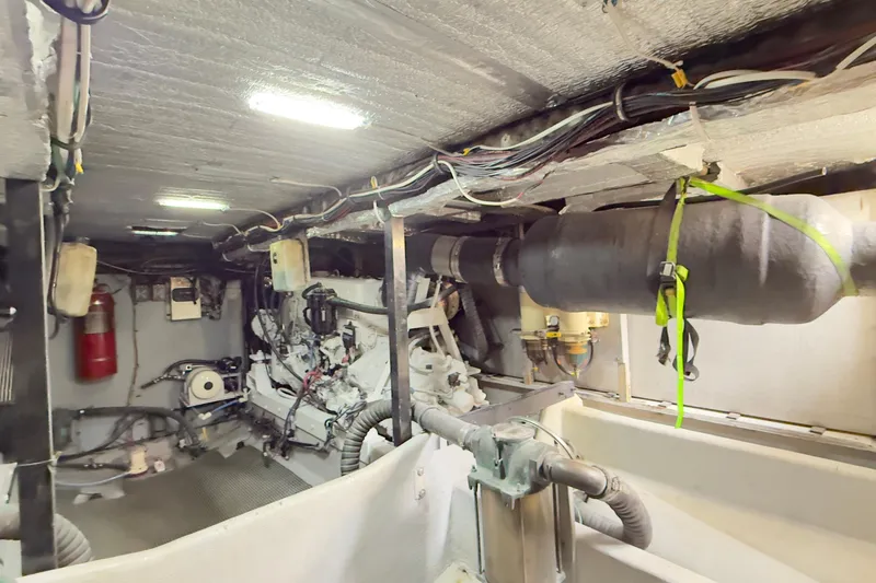 Rubicon Yacht Photos Pics Engine room of 2008 Meridian 580 Pilothouse yacht, featuring mechanical components and wiring.