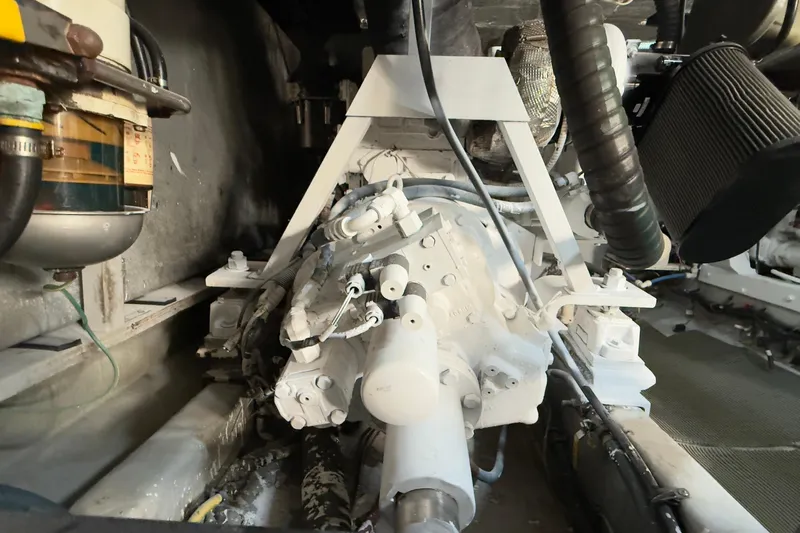 Rubicon Yacht Photos Pics Engine room of a 2008 Meridian 580 Pilothouse yacht, showcasing mechanical components.