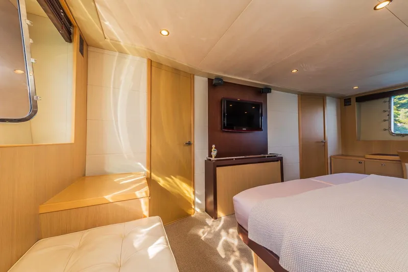 Gitana II Yacht Photos Pics Luxurious interior of 2009 Princess V78 yacht with modern bedroom design.