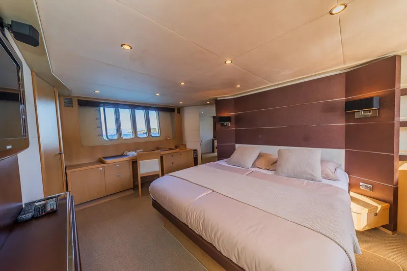 Gitana II Yacht Photos Pics Luxurious 2009 Princess V78 yacht bedroom with modern decor and large windows.