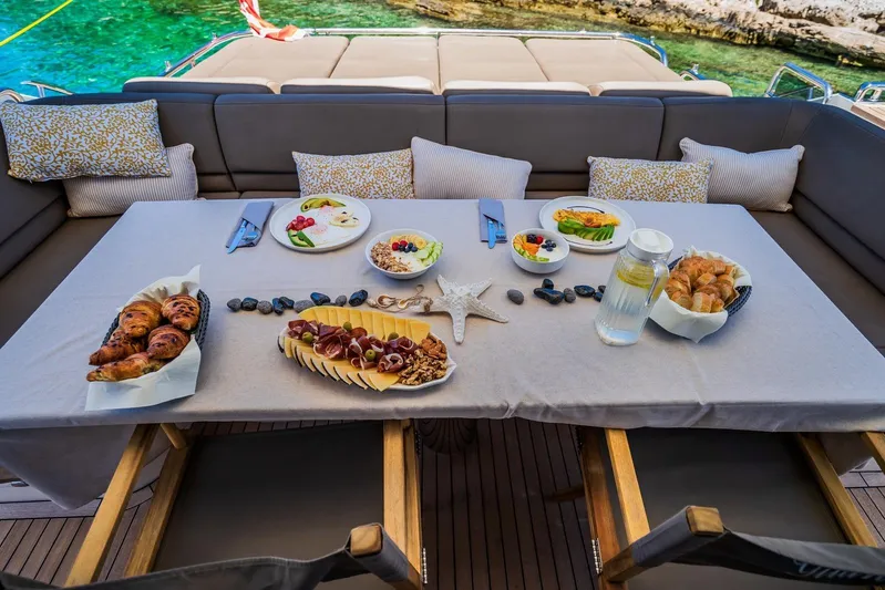 Gitana II Yacht Photos Pics Luxurious breakfast setup on 2009 Princess V78 yacht, featuring pastries and fresh fruit.