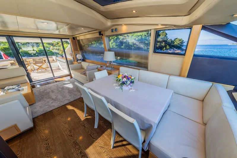 Gitana II Yacht Photos Pics Luxurious interior of 2009 Princess V78 yacht with elegant dining area and scenic views.