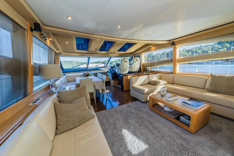 Gitana II Yacht Photos Pics Luxurious interior of 2009 Princess V78 yacht with elegant seating and panoramic windows.