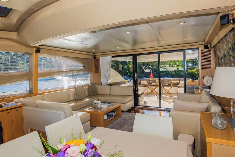 Gitana II Yacht Photos Pics Luxurious interior of 2009 Princess V78 yacht with elegant seating and scenic views.