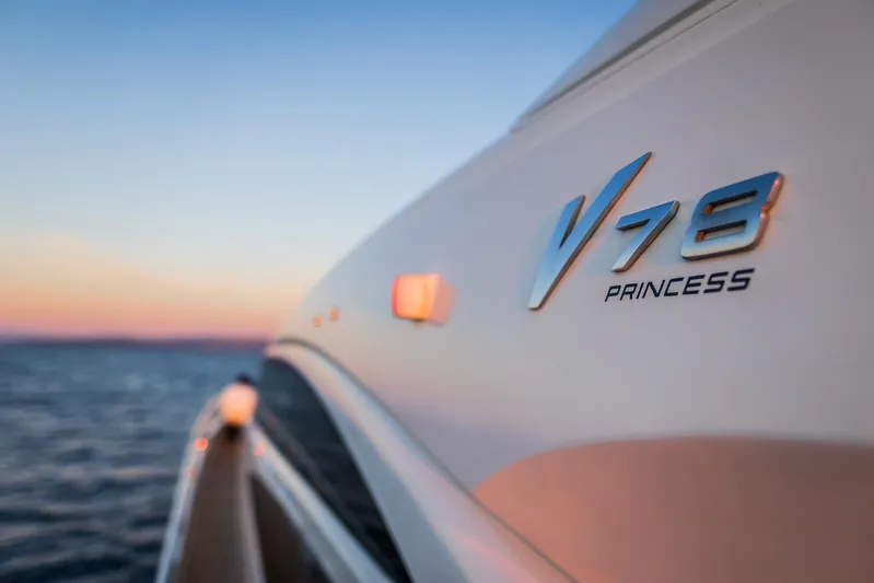 Gitana II Yacht Photos Pics 2009 Princess V78 yacht at sunset, ocean view.