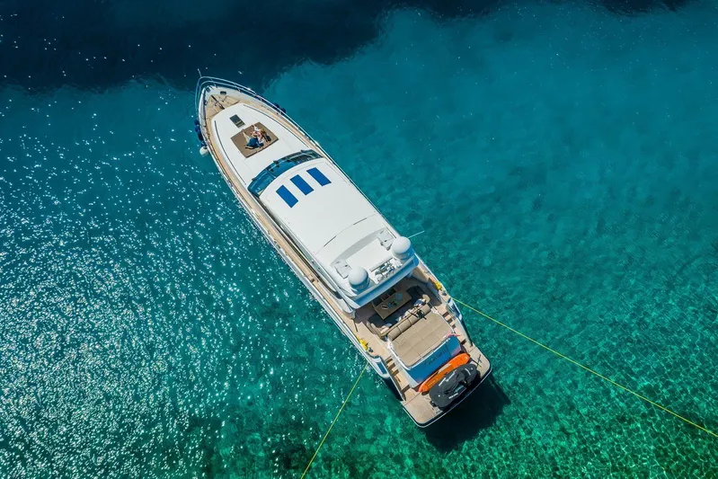 Gitana II Yacht Photos Pics Aerial view of 2009 Princess V78 yacht on clear turquoise water.