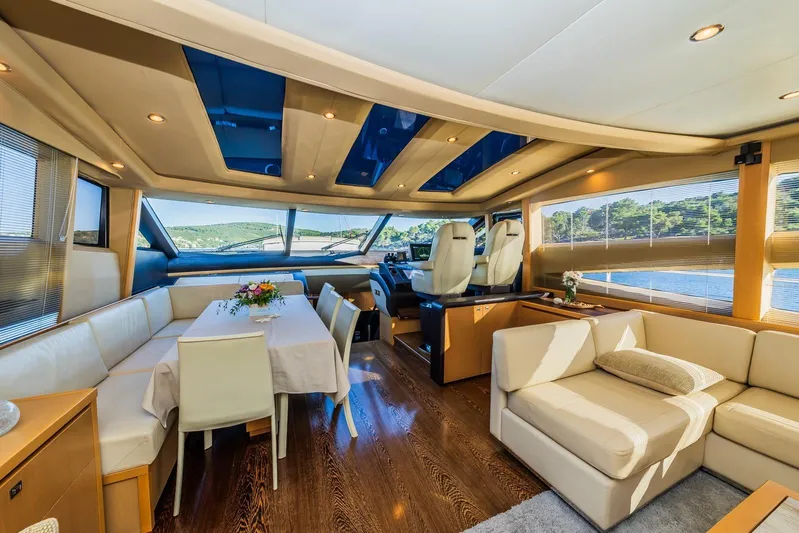 Gitana II Yacht Photos Pics Luxurious interior of 2009 Princess V78 yacht with elegant seating and panoramic windows.
