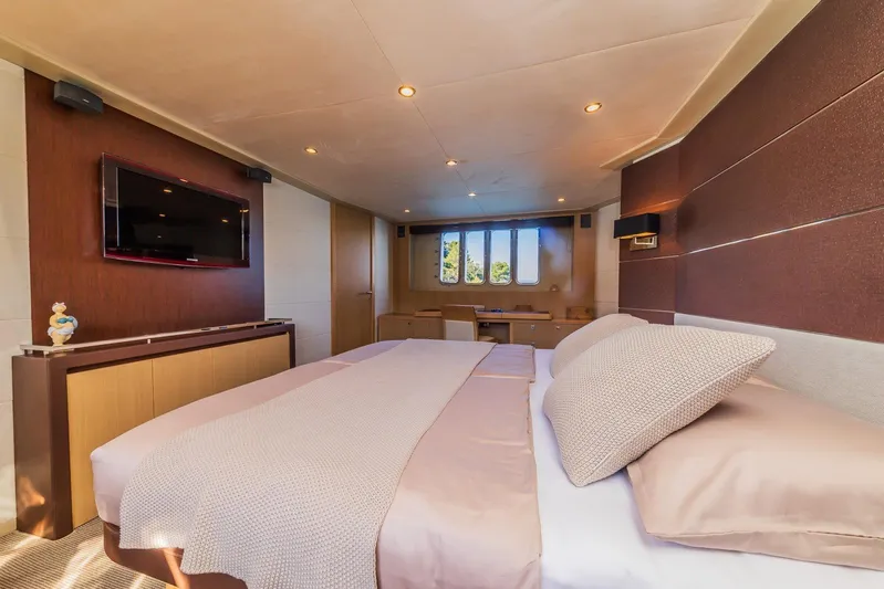 Gitana II Yacht Photos Pics Luxurious bedroom interior on 2009 Princess V78 yacht with modern decor and cozy bedding.