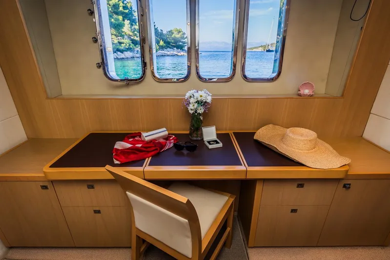 Gitana II Yacht Photos Pics Luxurious 2009 Princess V78 yacht interior with scenic ocean view through windows.