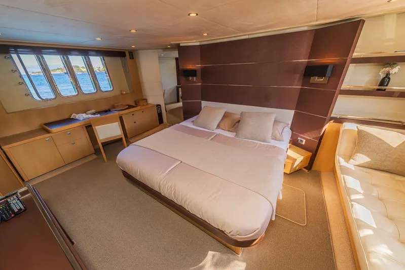 Gitana II Yacht Photos Pics Luxurious bedroom interior of 2009 Princess V78 yacht with ocean view windows.