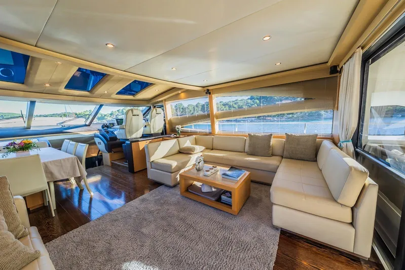 Gitana II Yacht Photos Pics Luxurious interior of 2009 Princess V78 yacht with elegant seating and panoramic windows.