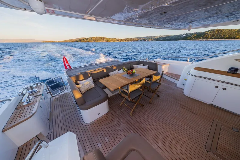 Gitana II Yacht Photos Pics Luxurious 2009 Princess V78 yacht deck with seating, table, and ocean view.