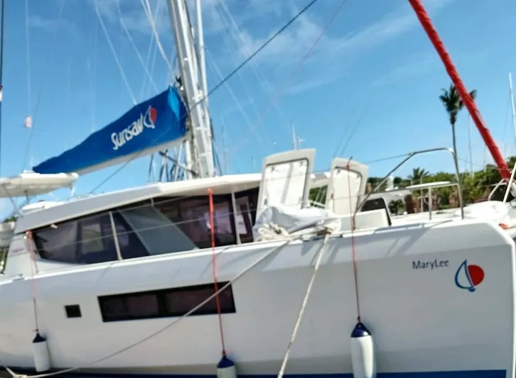 Marylee Yacht Photos Pics Leopard 45 catamaran, 2020 model, docked with MaryLee and Sunsail branding, clear sky