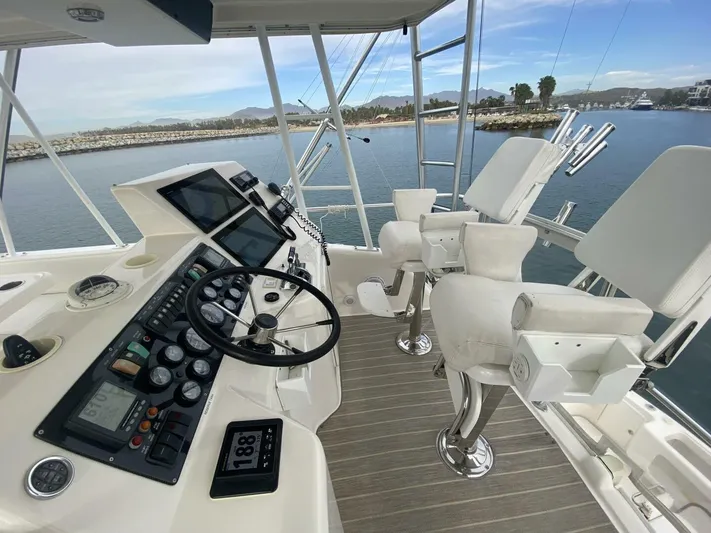 Warrior Yacht Photos Pics 2001 Riviera 43 Flybridge helm with dual seats and navigational controls.