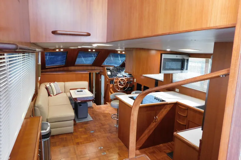 Driftwood Yacht Photos Pics Luxurious interior of 1995 Jefferson 52 Riviana Cockpit MY yacht with wood finishes.