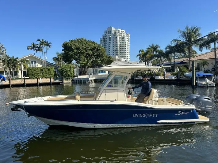 T/t Living With E's Yacht Photos Pics 2018 Scout 255LXF boat on a sunny waterfront with palm trees and buildings.