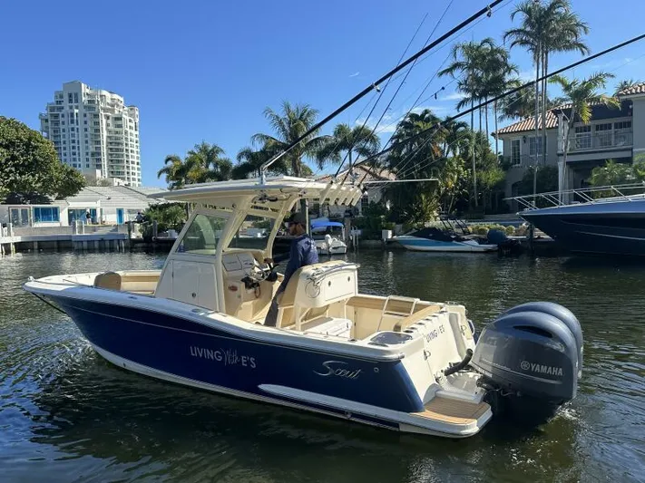 T/t Living With E's Yacht Photos Pics 2018 Scout 255LXF boat on a sunny waterfront with palm trees and buildings.