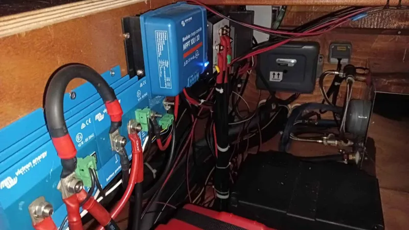 Sunny Days Yacht Photos Pics Electrical system setup in a 2013 Lagoon 380 S2 yacht, featuring Victron Energy components.