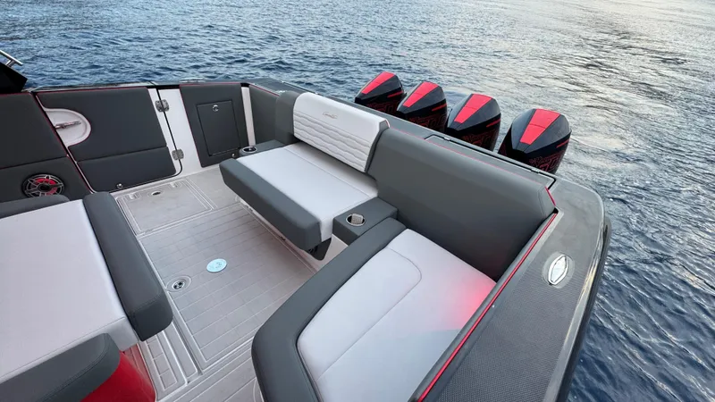 Roman Eagle Yacht Photos Pics 2024 Cigarette 42 Auroris boat interior with sleek seating and powerful engines on the water.