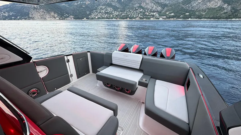 Roman Eagle Yacht Photos Pics 2024 Cigarette 42 Auroris boat interior with luxurious seating and scenic ocean view.