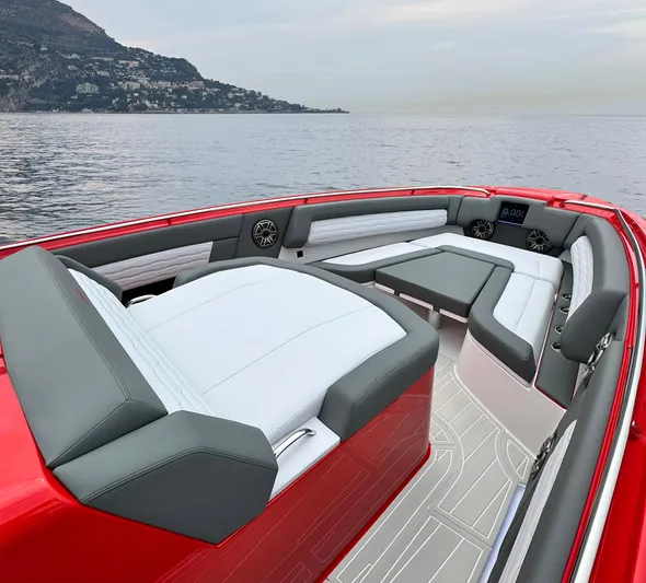 Roman Eagle Yacht Photos Pics 2024 Cigarette 42 Auroris luxury boat interior with sleek seating, on calm water.