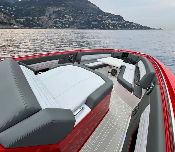 Roman Eagle Yacht Photos Pics 2024 Cigarette 42 Auroris luxury boat interior with sleek seating and scenic ocean view.