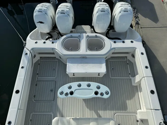  Yacht Photos Pics Top view of 2020 Invincible 40 Catamaran with four powerful outboard engines.