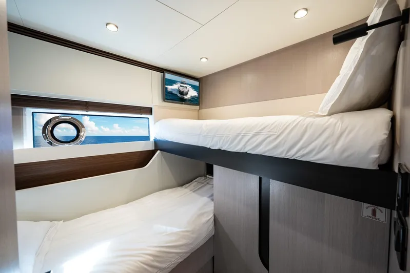 Second Chances Yacht Photos Pics 2024 Azimut S7 yacht interior with modern bunk beds and ocean view.