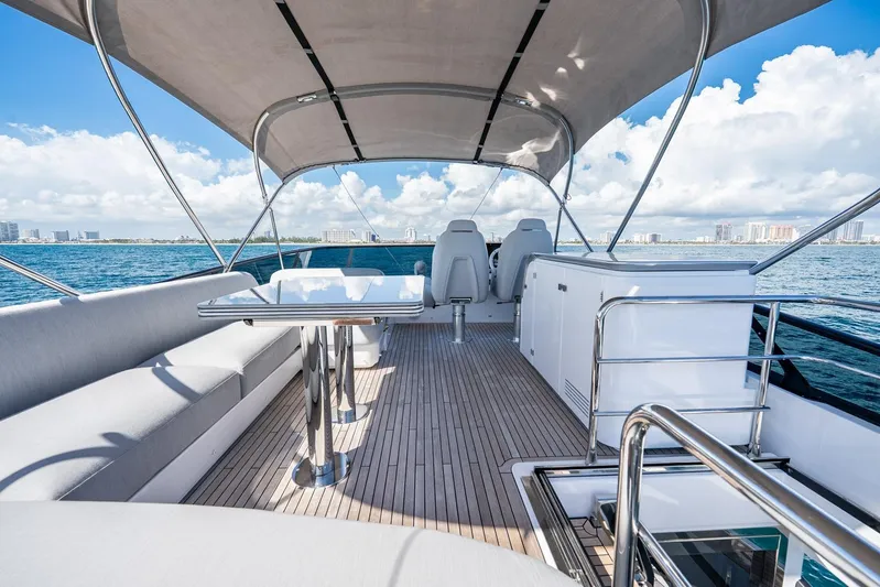 Second Chances Yacht Photos Pics Luxurious 2024 Azimut S7 yacht deck with seating, table, and ocean view.