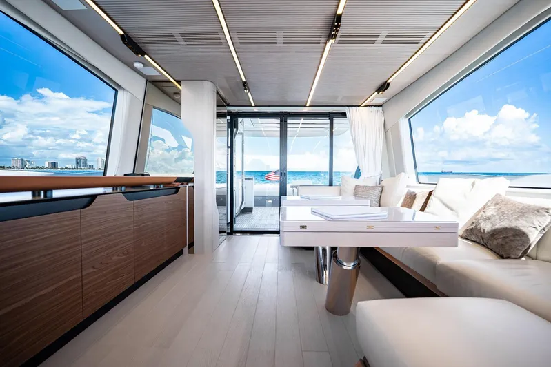 Second Chances Yacht Photos Pics Luxurious interior of 2024 Azimut S7 yacht with ocean view and modern furnishings.