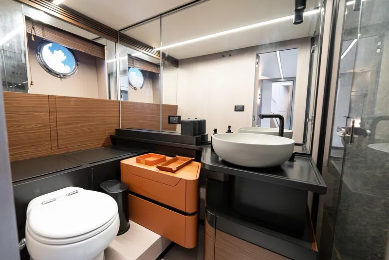 Second Chances Yacht Photos Pics Luxurious 2024 Azimut S7 yacht bathroom with modern fixtures and elegant design.