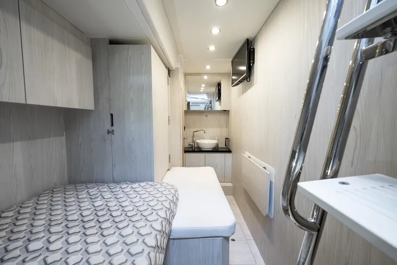 Second Chances Yacht Photos Pics 2024 Azimut S7 yacht interior cabin with modern design and compact amenities.