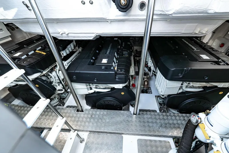 Second Chances Yacht Photos Pics Engine room of 2024 Azimut S7 yacht with twin engines and metallic flooring.