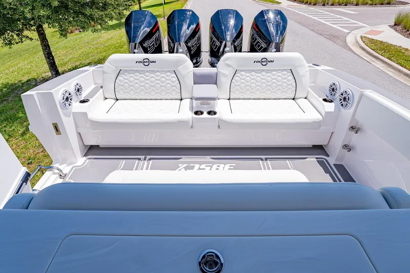  Yacht Photos Pics 2026 Fountain 38 SCX boat with triple engines and luxurious seating.