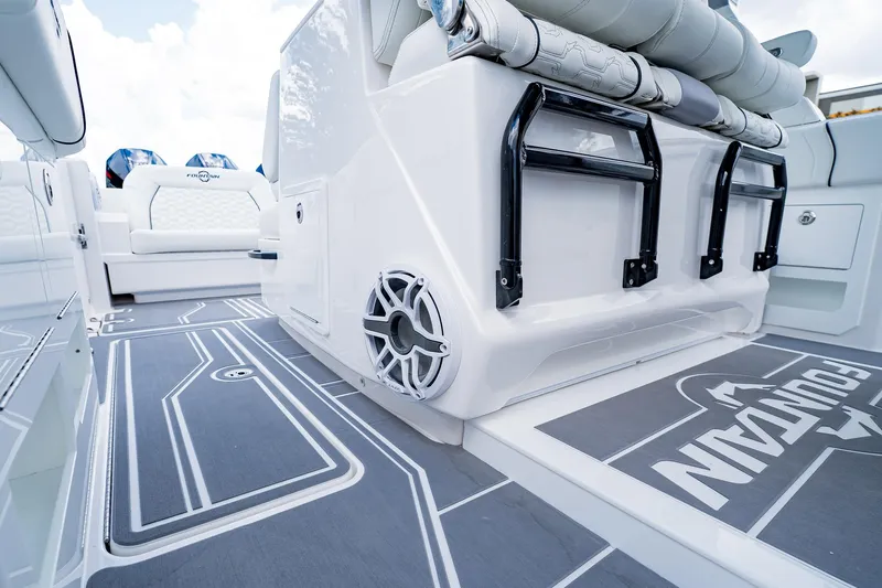  Yacht Photos Pics 2026 Fountain 38 SCX boat interior with sleek seating and modern design elements.