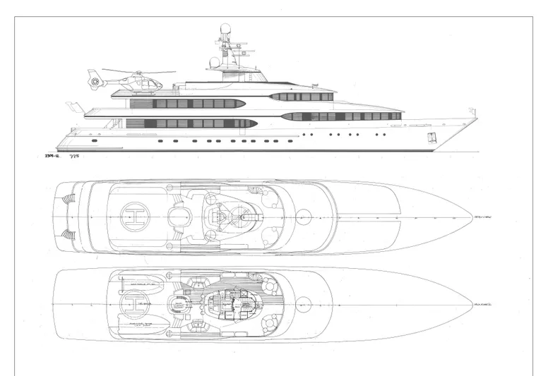 Olympus Yacht Photos Pics Blueprint of 1996 Feadship Full Displacement Motor Yacht, showcasing side and top views.
