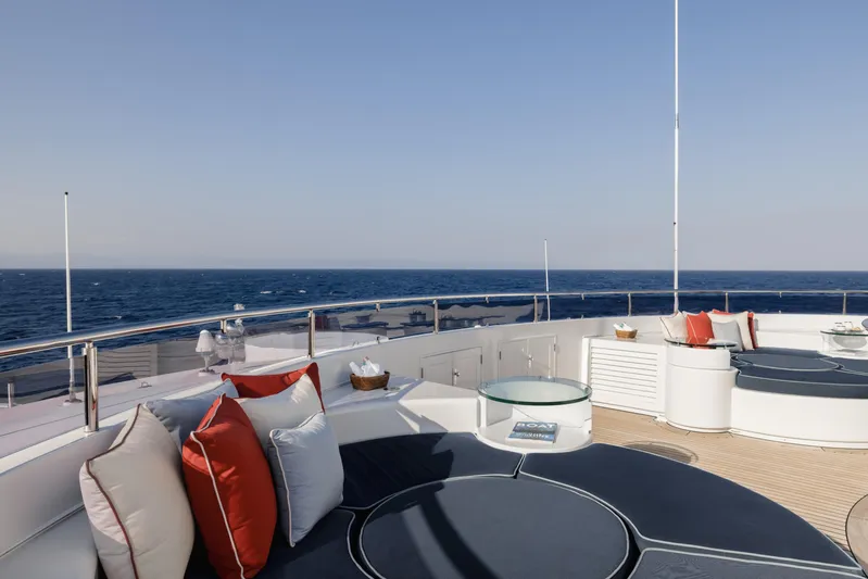 Olympus Yacht Photos Pics Luxurious 1996 Feadship motor yacht deck with ocean view and plush seating.