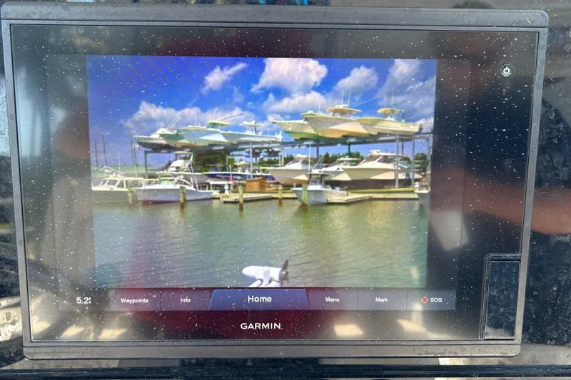  Yacht Photos Pics Garmin display showing marina view from 2021 Sea Hunt Gamefish 25 boat.