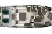 Floor plan of a 2021 Absolute 52 Navetta yacht, showcasing bedrooms, bathrooms, and living areas.
