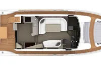 Top view of 2021 Absolute 52 Navetta yacht layout, featuring spacious deck and interior design.