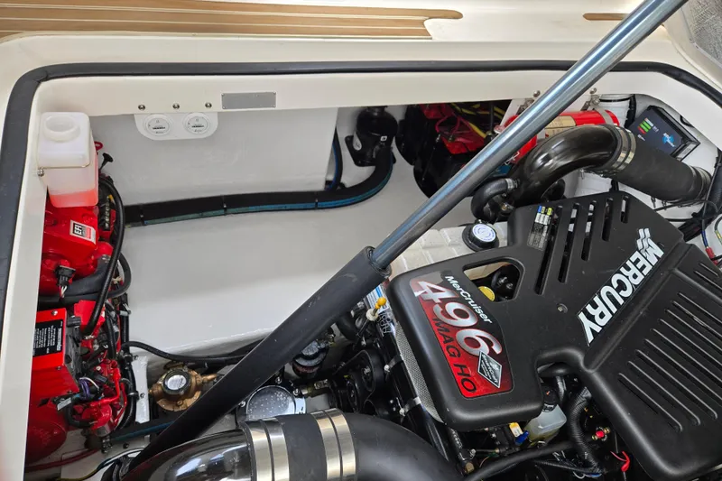 Let's Go! Yacht Photos Pics Engine compartment of 2007 Fountain 38 Express Cruiser with MerCruiser 496 MAG HO engine.