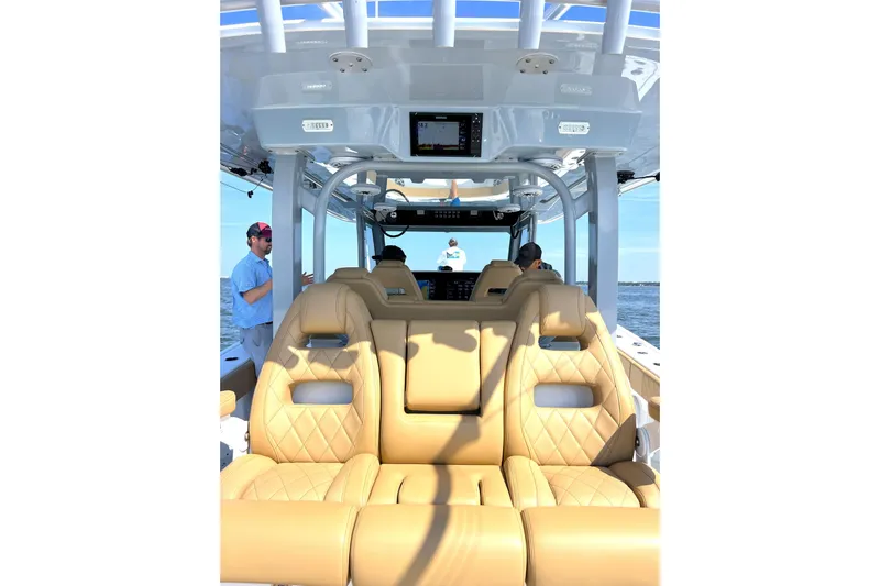 Lafe Yacht Photos Pics Luxurious interior of 2026 Freeman 47 boat with tan leather seating.