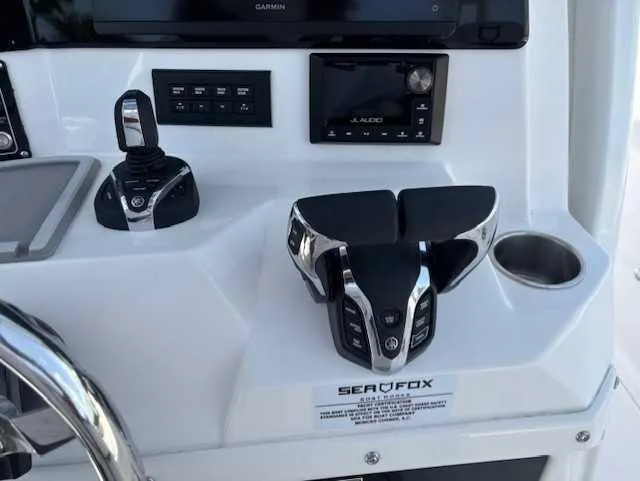 Black Label Marine Yacht Photos Pics Control panel of 2025 Sea Fox 328 Commander boat with advanced navigation equipment.