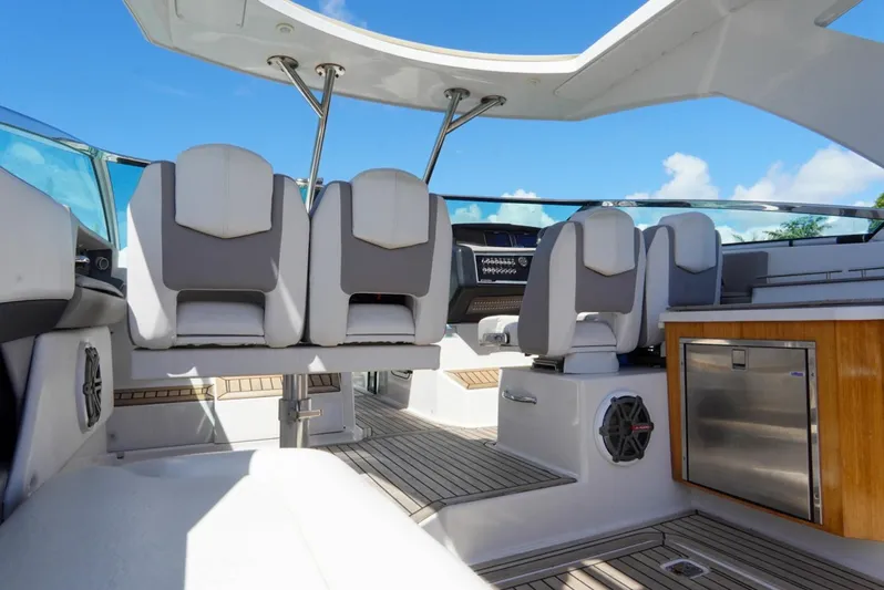  Yacht Photos Pics 2017 Four Winns H350 boat interior with modern seating and sleek design.