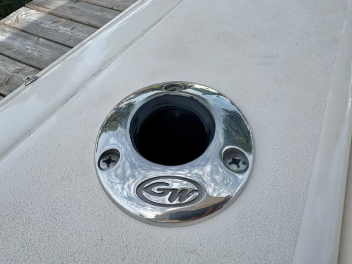 Bay Tripper Yacht Photos Pics Grady-White Freedom 307 2019 boat detail with chrome fitting on deck.