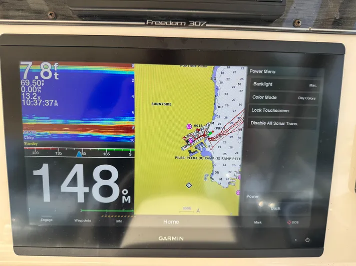 Bay Tripper Yacht Photos Pics Garmin marine display on 2019 Grady-White Freedom 307, showing sonar and navigation data.